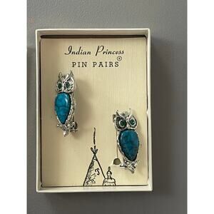 Vintage Southwestern Turqouise Silver Owl Pin Set